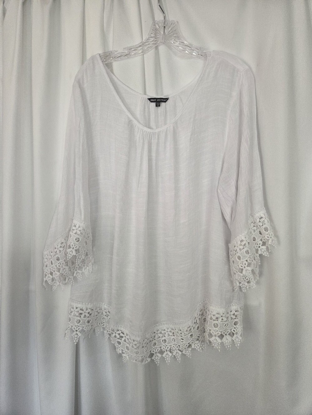 Unique Spectrum Sheer Gauze Boho White Crochet-Hem Peasant Blouse Size 1X
